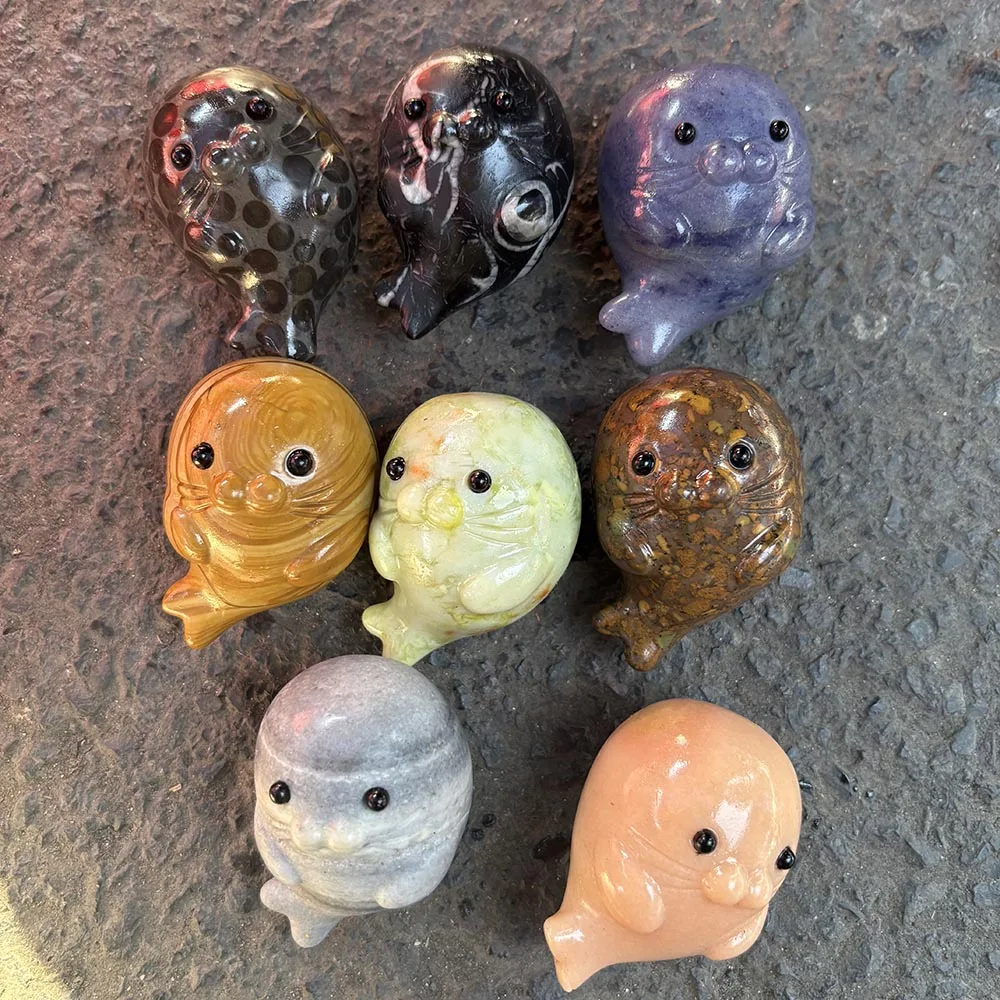 Custom-Natural Jade Seal Figurine, Gemstone Cute Sea Lion Statue Tabletop Decor for Healing and Protection