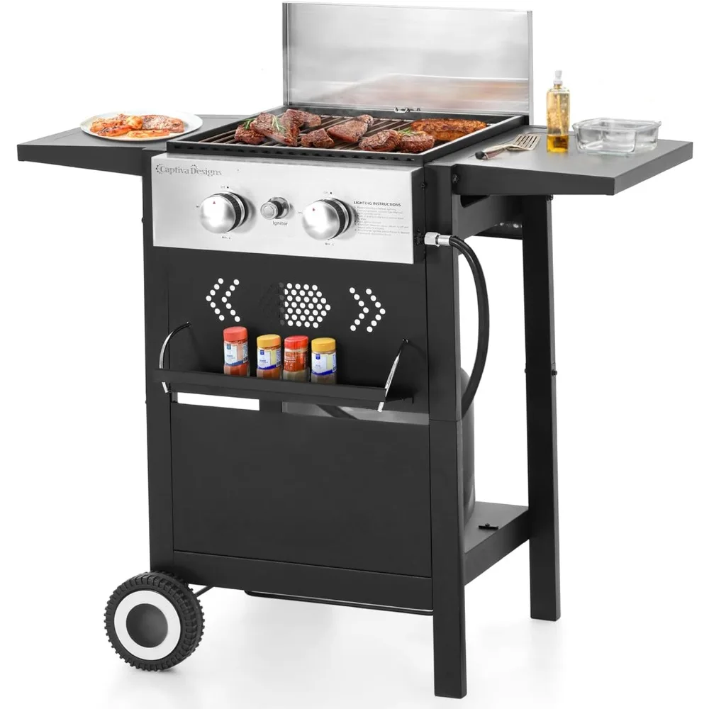 

2-Burner Gas BBQ Grill With Flat Top, Small Outdoor Propane Barbecue Grill Lid and Hose&Regulator for Camping, 20,000 BTU,Black