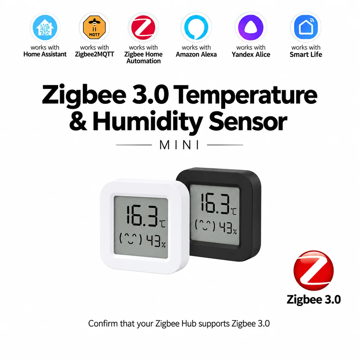 Czujnik temperatury i wilgotności Zigbee 3.0. Wymagany jest hub Zigbee 3.0. Współpracuje z Home Assistant, ZHA, Yandex, Alexa oraz Zigbee2MQTT.