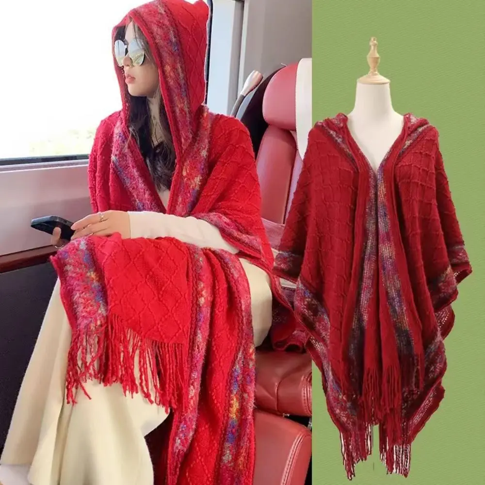 Luxury Elegant Winter Warm Fleece Shawl Hooded Thicken Wraps Scarf Imitation Cashmere Shawl Cape