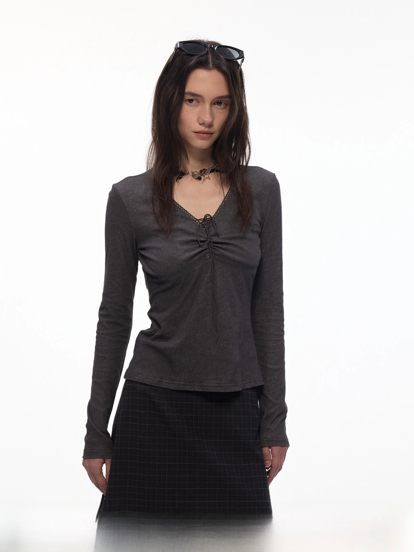 

Billconch Long Sve T-irt Women's Slim Fit V-Ne Dstring Mist Dyeing Design Base irt Casual Sle Stand Version