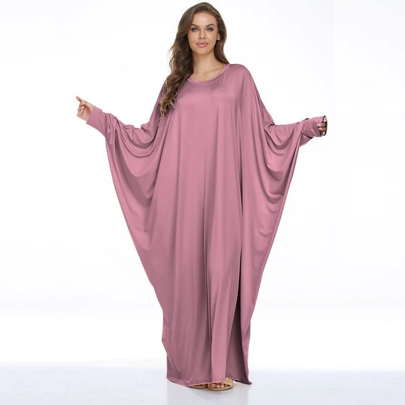 

Large Women Bat Robe Casual Dress Gown Round Neck Elastic Cuffs Women Robe Clothes Women Long Robe Muslim Dress Solid Color