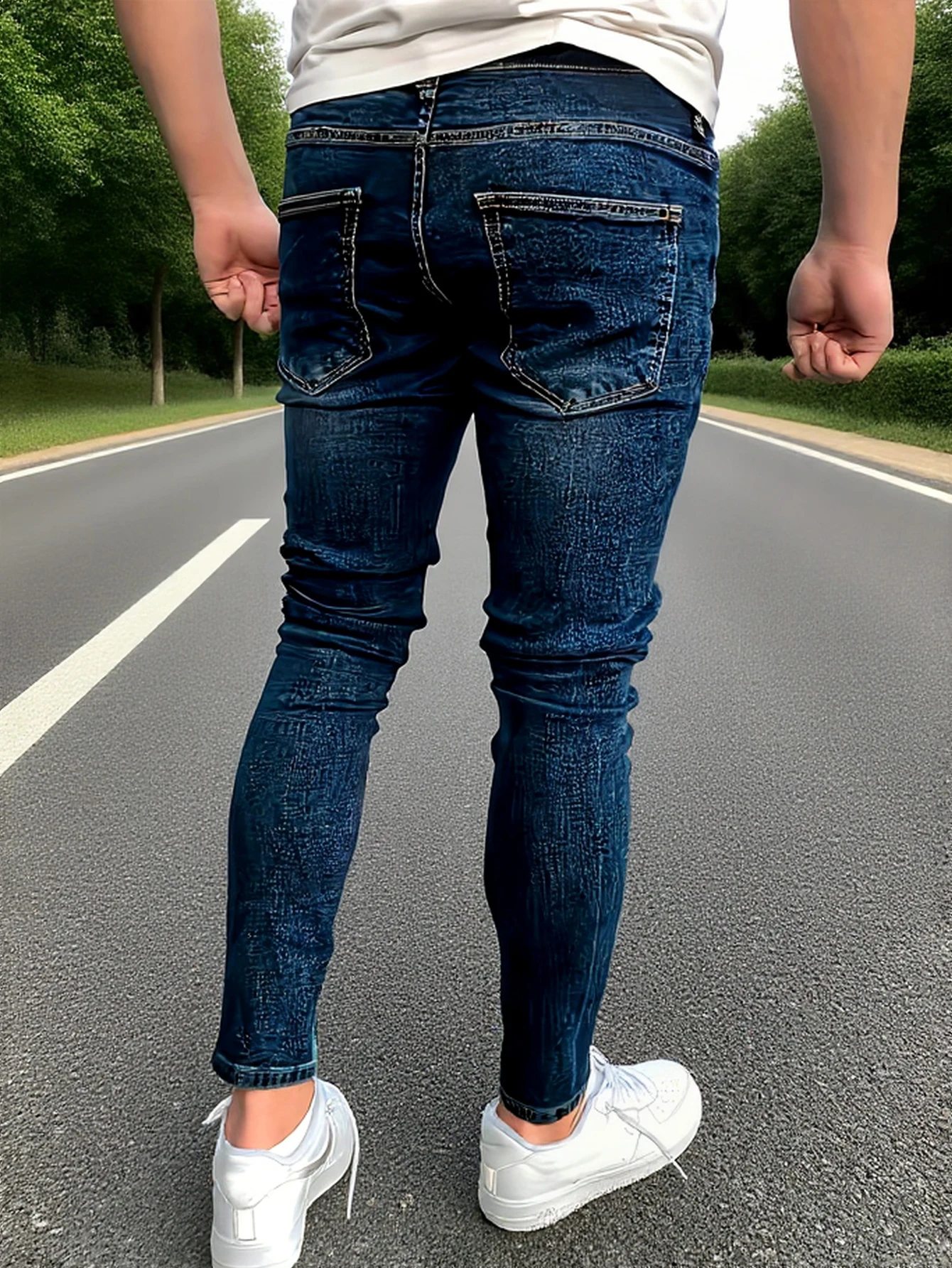 メンズのブルーのダメージ加工スキニージーンズ。膝やその他の部分にヴィンテージ風のリップ加工が施され、体にぴったりフィットするデザインです。