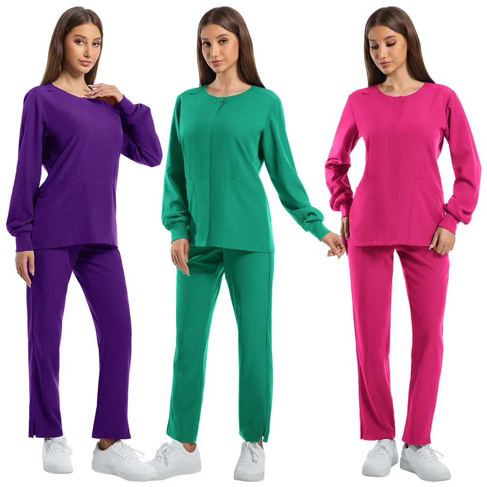 Scrubs Women Set Nursing Uniforms Clinical Set Nurse Doctor Dustproof Workwear Surgical Long Sleeve Medical Jacket + Wide Pants