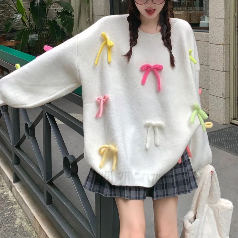 المرأة الكورية أزياء فضفاضة القوس الوردي سترة طويلة كسول نمط حجم واحد لطيف بلوفر مغزول أعلى الخريف الشتاء