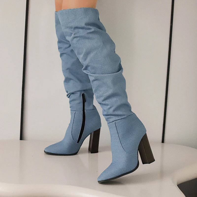 حذاء مدبب للغاية من الأمام فوق الركبة للنساء ، حبوب خشبية ، كعب سميك ، سحاب جانبي ، أحمر وأخضر ، قماش مموه ، مقاس كبير #6