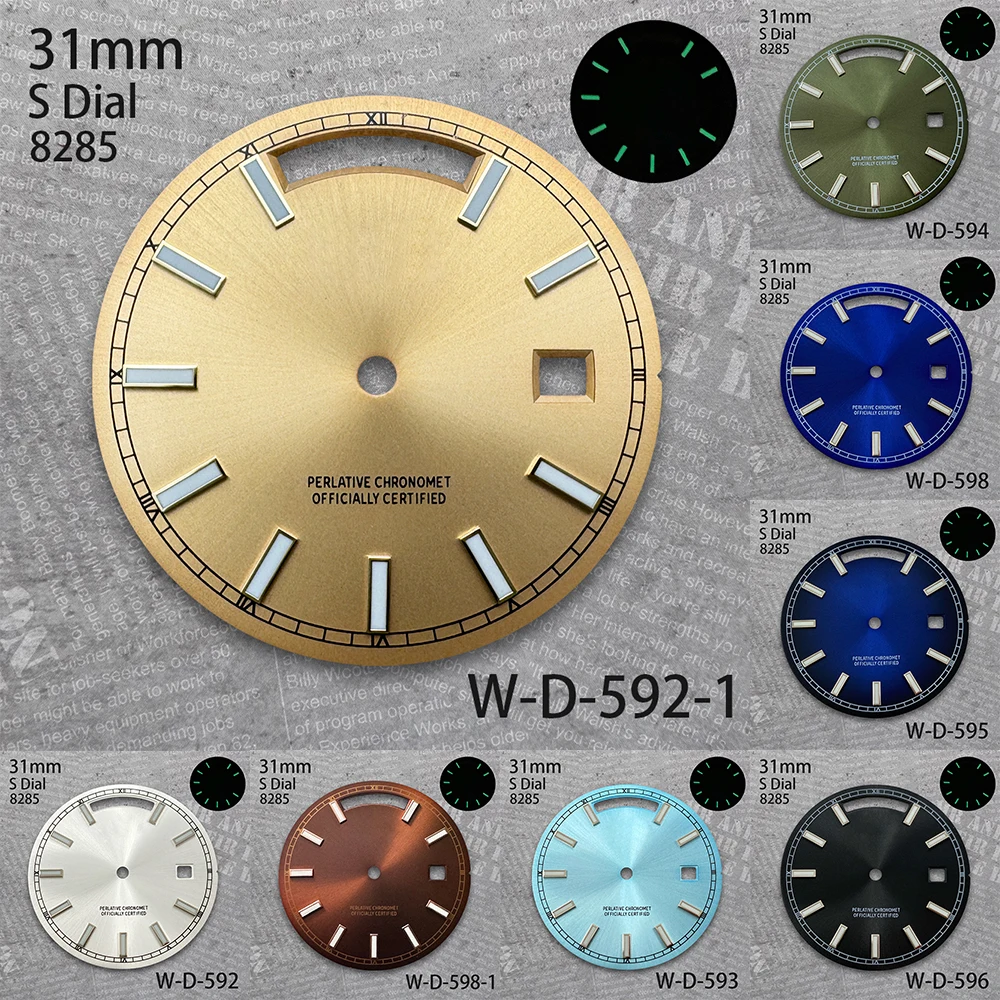 

31mm Rome S Logo Day And Date Dial Suitable For 8285 Movement Green Luminous Sunburst Watch Modification Accessories