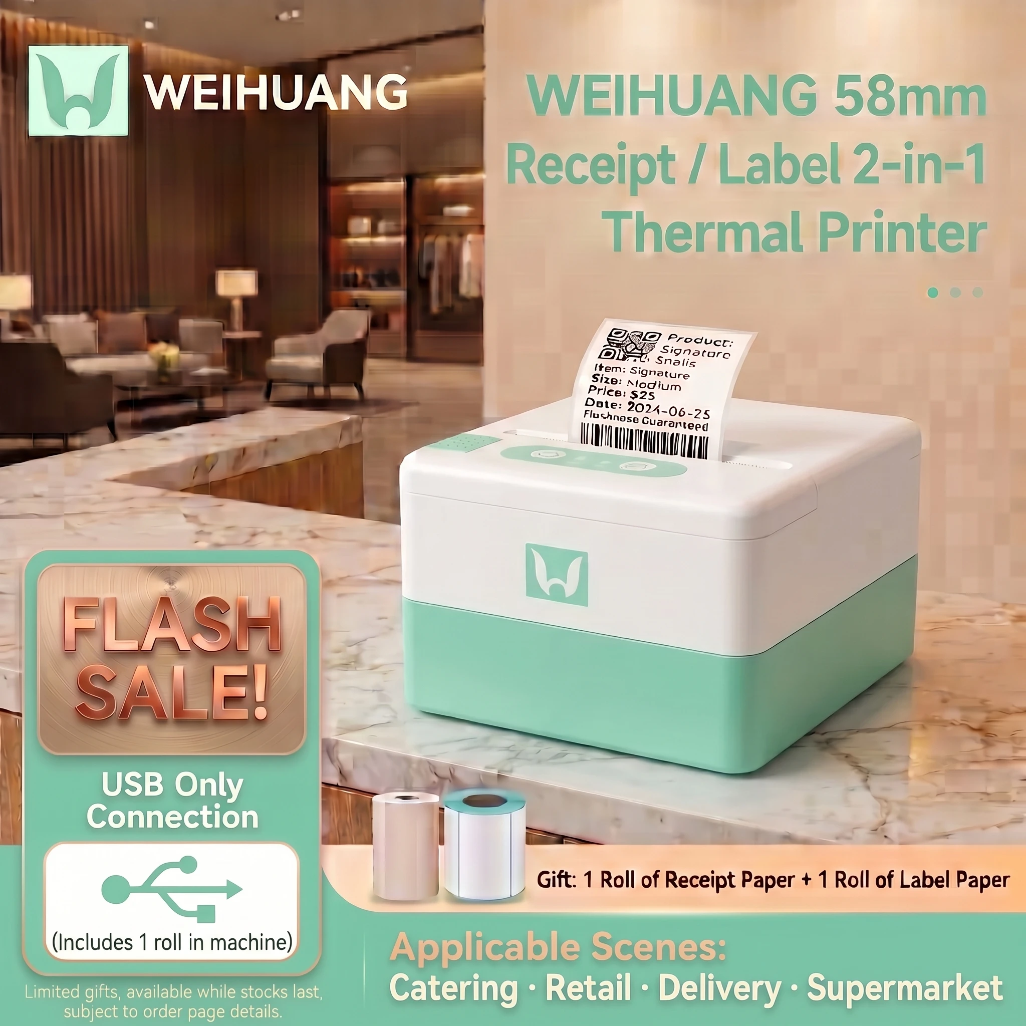 WH-P20 Mini 58mm Portable Thermal Label Receipt Printer High Speed USB Sticker Shipping Barcode Machine for Retail Store