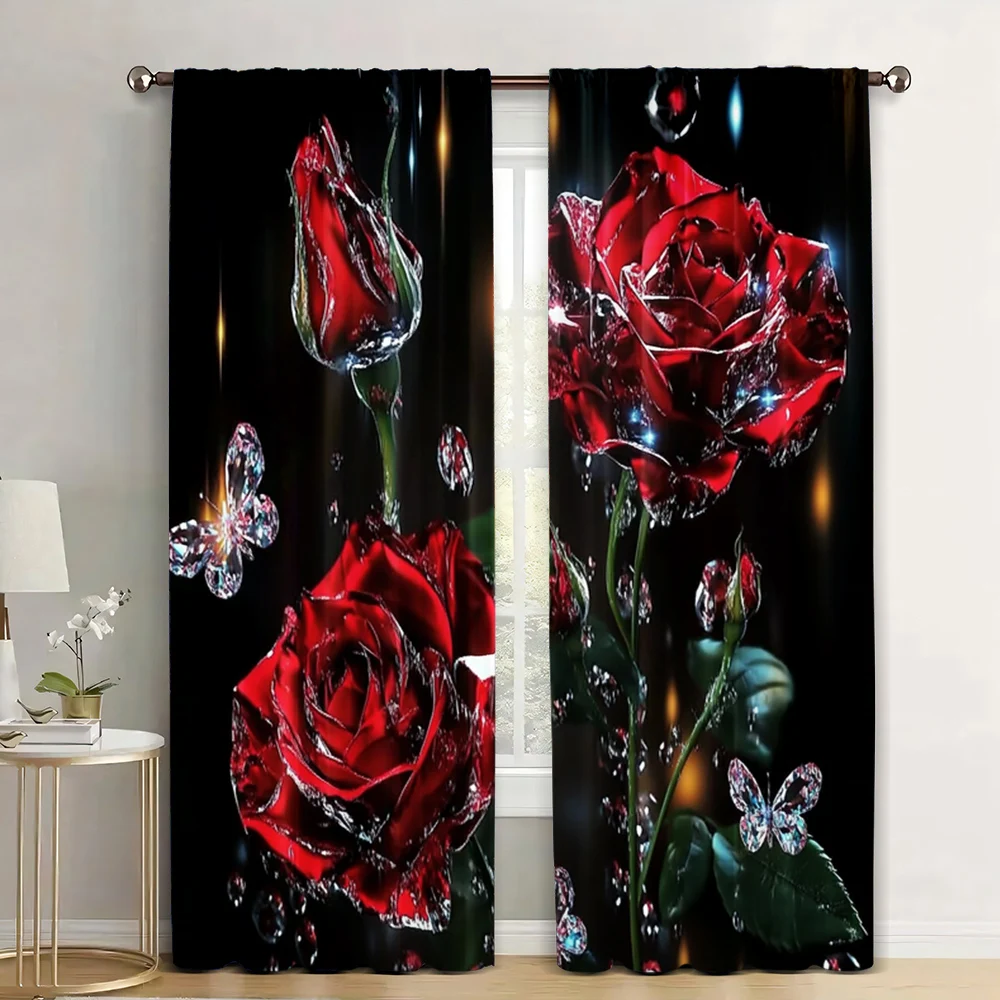 2Pcs Valentine'S Day Romantic Red Rose Curtains Light-Filtering Kitchen Living Room Office Bedroom Home Decoration D