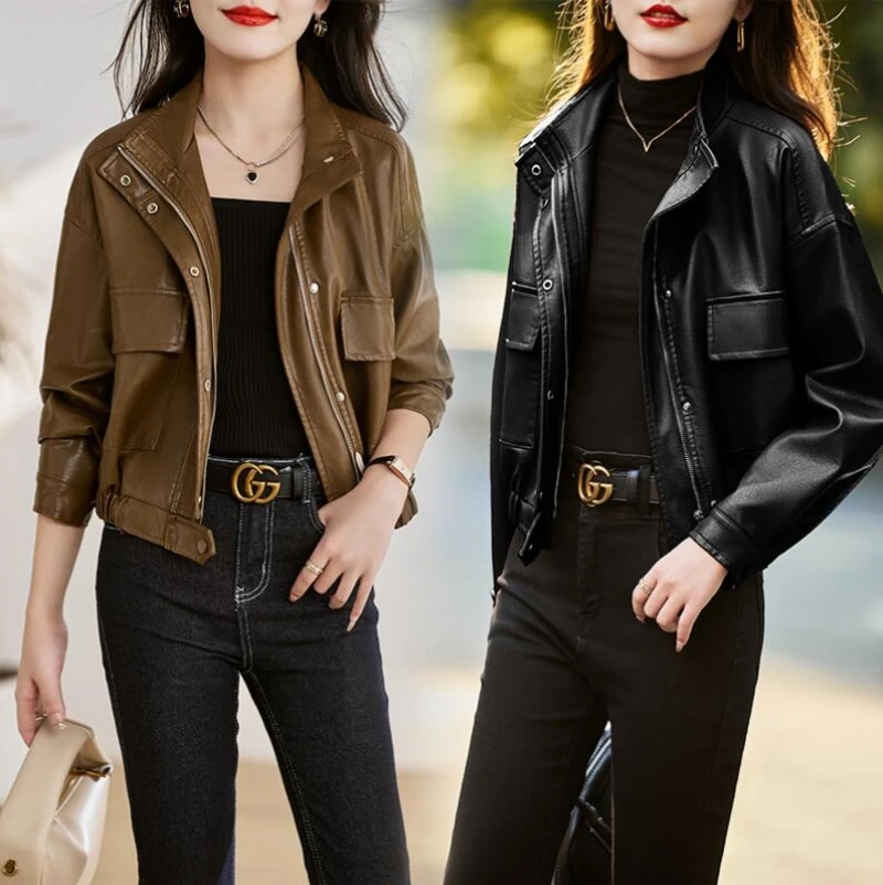 Black Woman Leather Jacket Vintage Bomber Coat Fashion Zipper High Street Female PU Coat Outwear Moto Biker Jackets