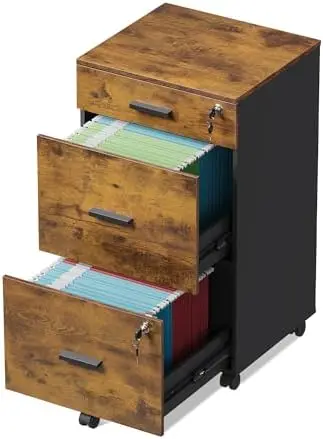 3 Drawer Rolling File Cabinet with Lock, Wood Filing Cabinet fits Letter / A4 Size for Home Office, Rustic Brown