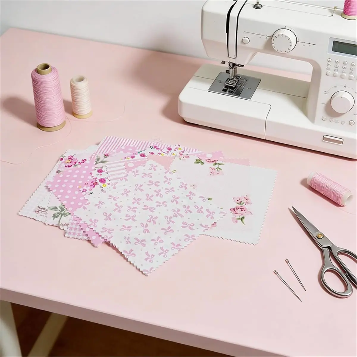 42 Pcs 5.2 Inch Pink Floral Fabric Squares for Quilting, 100% Cotton Charm Packs