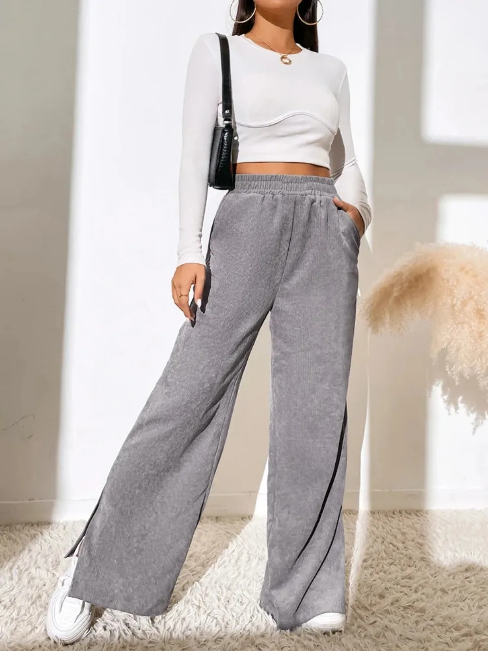 Autumn and Winter Corduroy Women Wide Leg Pants Solid Women Korean Style High Waist Slit Joggers Women Loose Trousers Streetwear