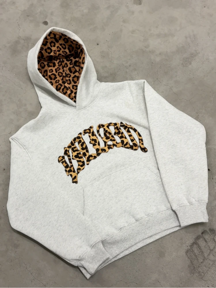 2025y2k lined leopard print letter embroidered street casual pants, men's and women's versatile hooded sweatshirt