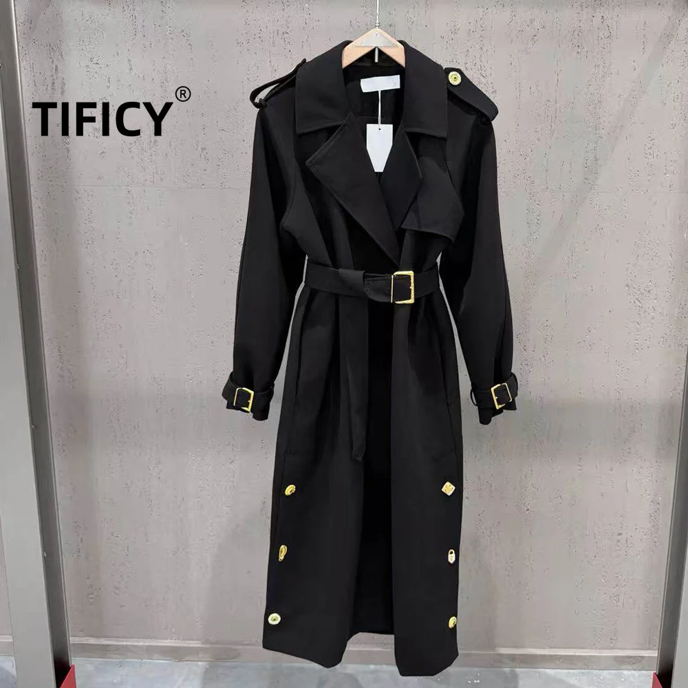 High Street Trench Women's Autumn and Winter Retro Ins Flared Long Sleeve Tapered Waist Heavy-Duty Metal Buttoned Coat