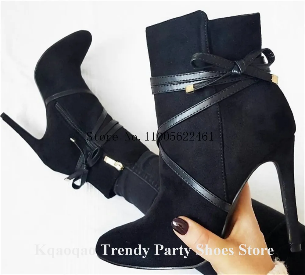 Kqaoqao Black Red White Suede Stiletto Heel Short Boots Round Toe Lace-up Thin Heel Ankle Booties Big Size Boots view 2