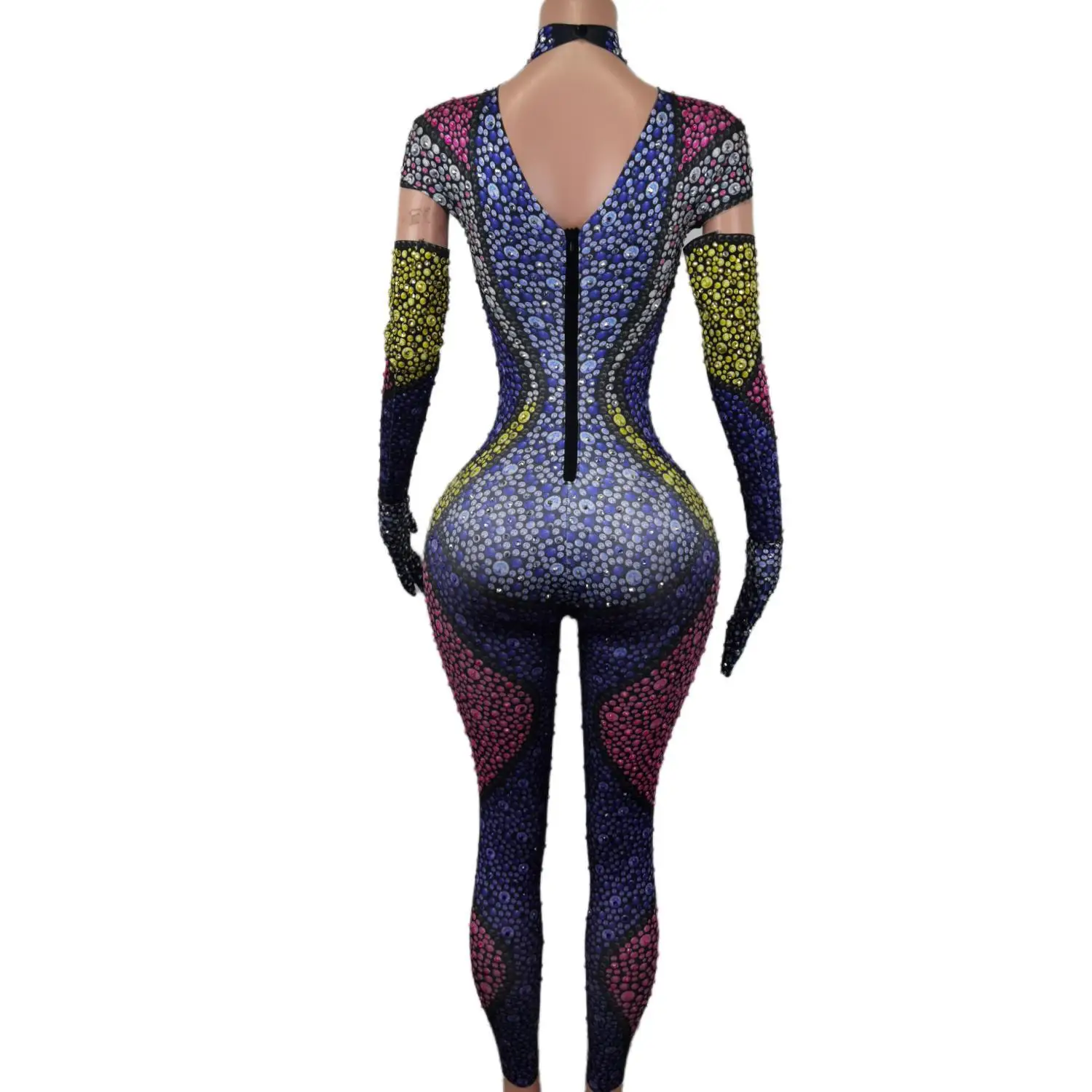 Fashion Rhinestones Jumpsuit Gloves Set Women Sexy Tight Birthday Prom Party Outfit Dancer Show Rompers Stage Wear Hongtaozi