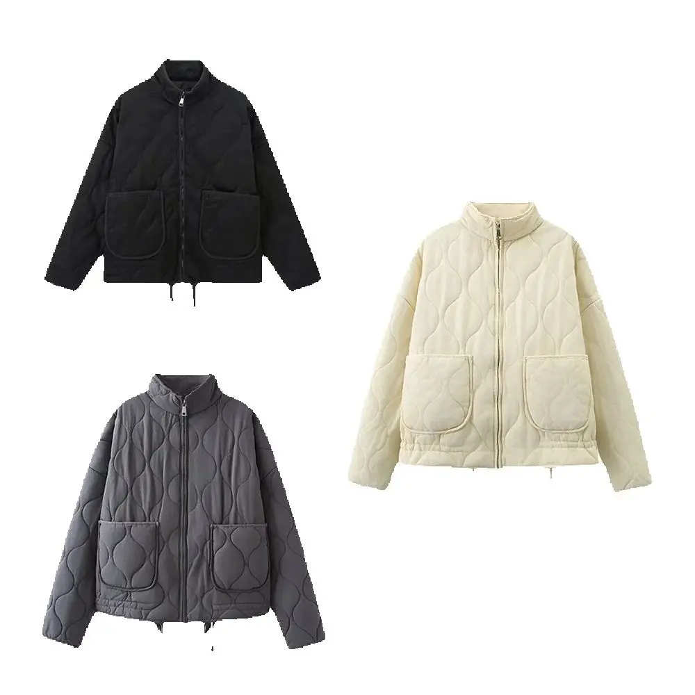 

Осенне-зимняя новая женская повседневная хлопковая куртка с воротником-стойкой и свободным карманом в ромбовидной сетке, куртка, куртка