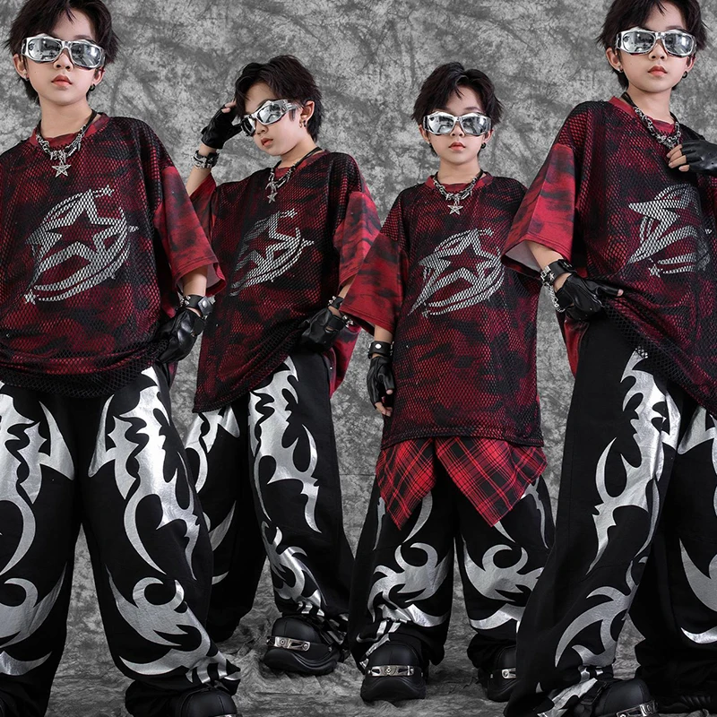 

Cool Hip Hop Dance Clothes Boys Mesh Oversize Top Shuffle Pants Kid Stage Show Suit Jazz Outfit Street Dance Clothing VDL3994