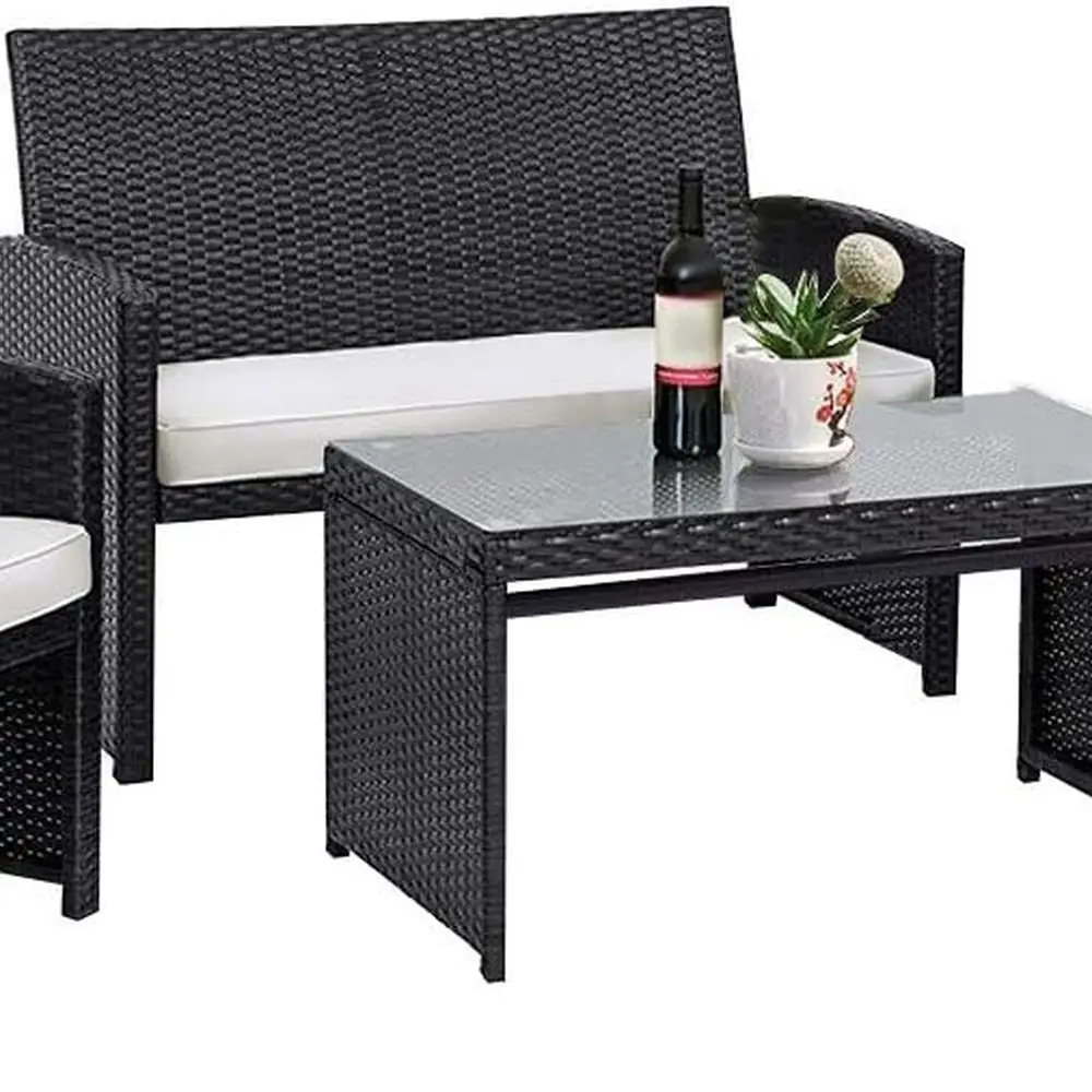 White Outdoor Wicker Sofa Set with 4 Seats and Tempered Glass Table for Patio Conversation Area
