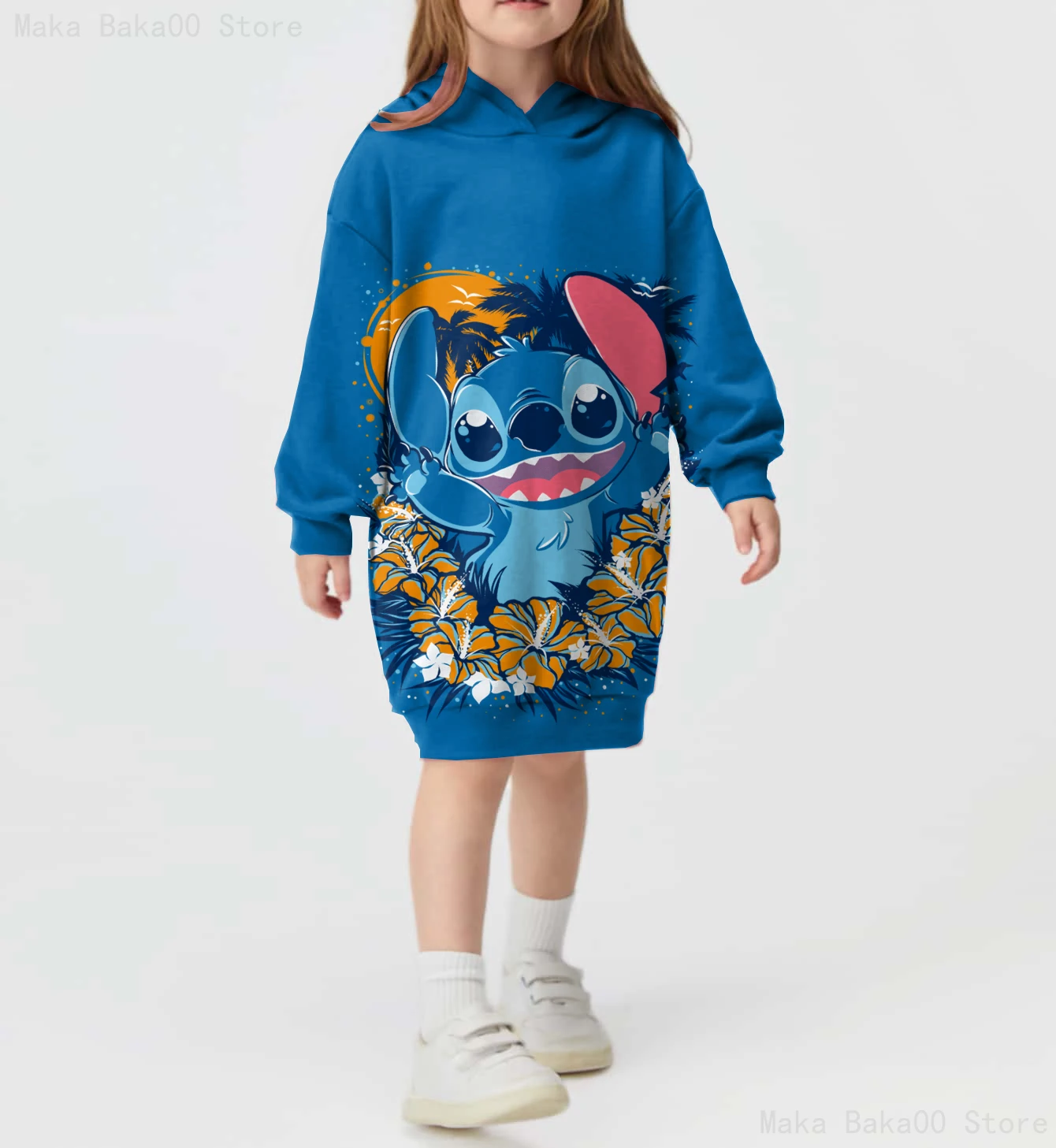 Autumn Girls Hooded Sweater Dress Casual Cartoon Street Style Printed Hooded Sweatshirt Disney Stitch Children's Clothing Top