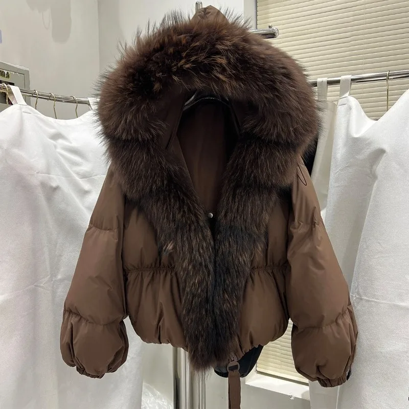 Winter 2026 Natural Genuine Fur Collar Short Style Thickened Down Jacket Warm Loose Fit White Duck Down Hooded Outerwear Women