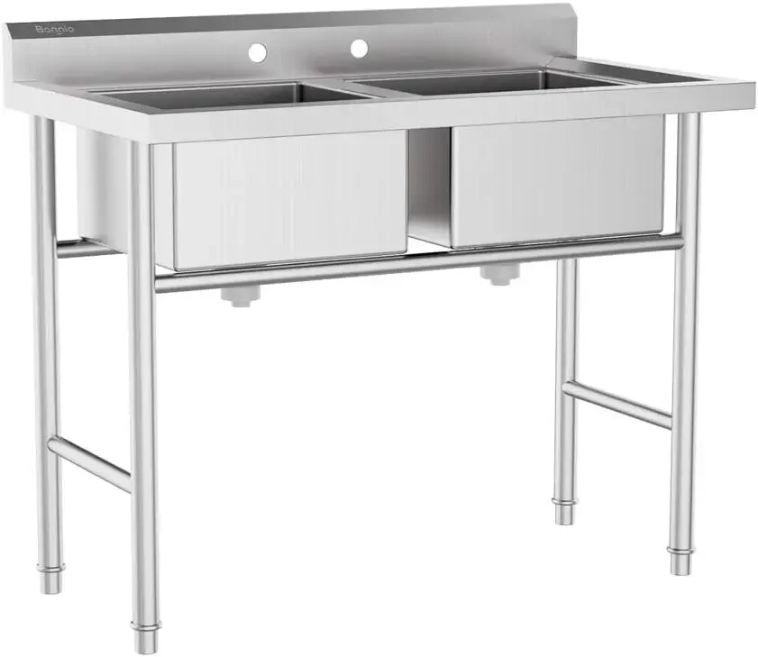 Commercial 304 Stainless Steel Sink 2 Compartment Free Standing Utility Sink for Garage, Restaurant, Kitchen, Laundry Room