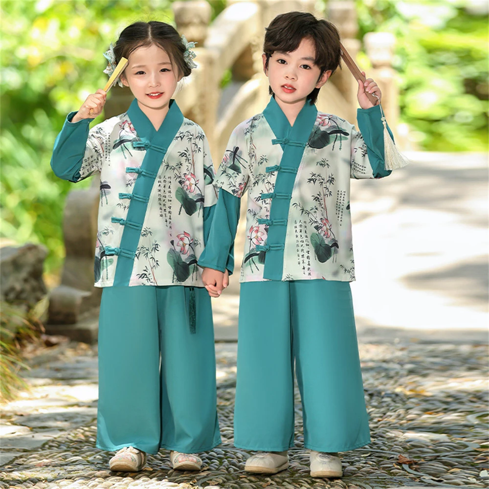 Kids Boy Girl Bamboo Leaf Lotus Print Long-sleeved Hanfu Set Spring Ancient Style Chinese Improved Tang Suit Performance Outfits