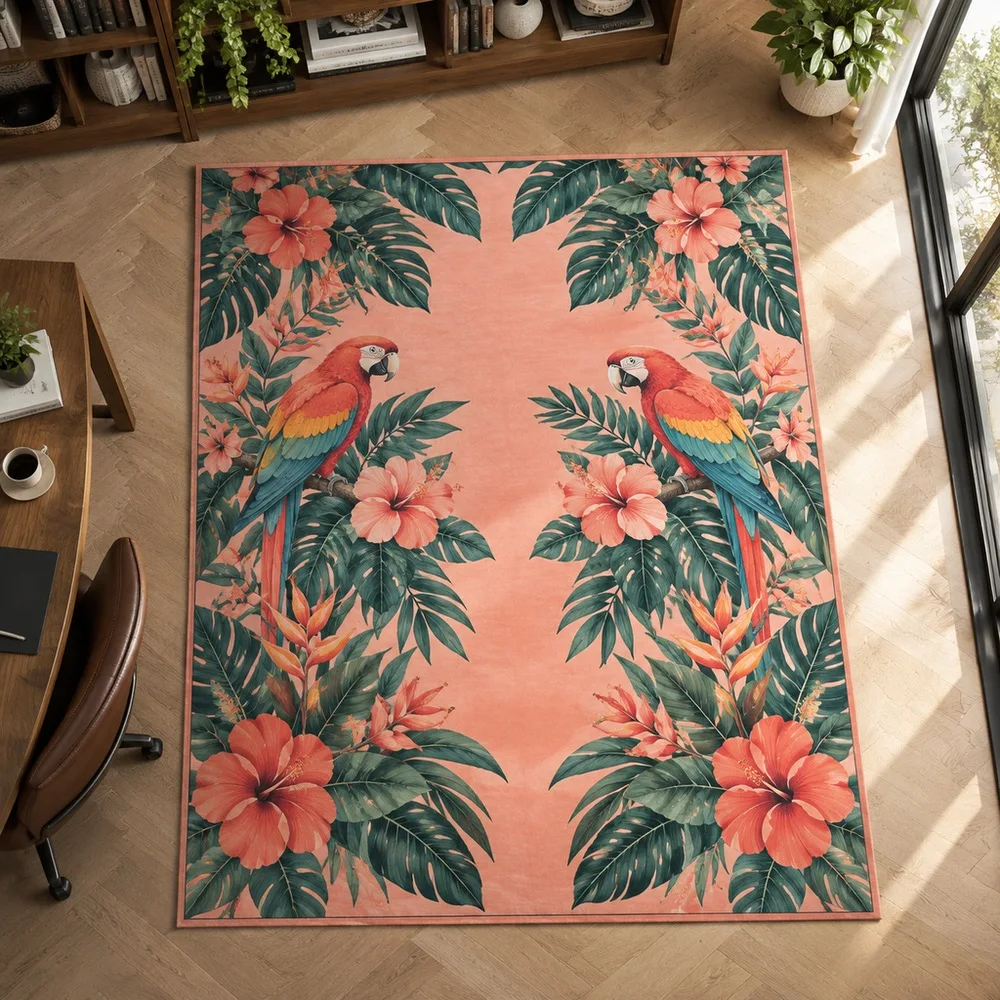VIKAMA Rug Carpet Coral Pink Tropical Floral Parrot Stain Resistant Laundry Room Staircase Master Bedroom Kitchen Home Decor