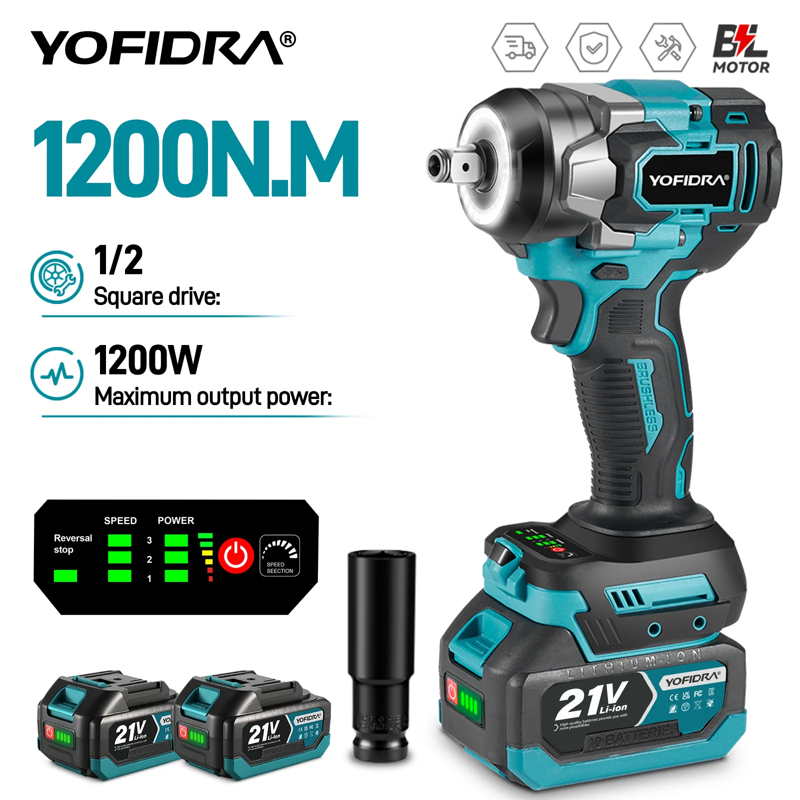 YOFIDRA 5-Gang 1200N.M Drehmoment Bürstenloser Elektroschrauber Kabelloser Auto-Schraubendreher Haushalts-Elektrowerkzeug für Makita-Akkus