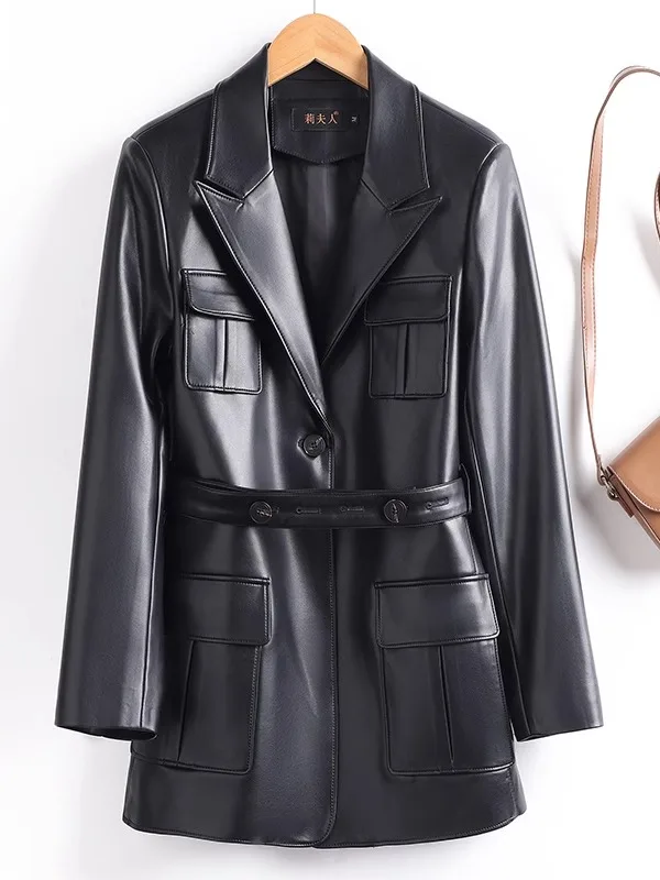 Cappotto in Vera Pelle Haining da Donna, Lunghezza Media, Nuova Collezione Primavera 2025, Giacca in Pelle di Pecora Antivento con Cintura in Vita, Elegante