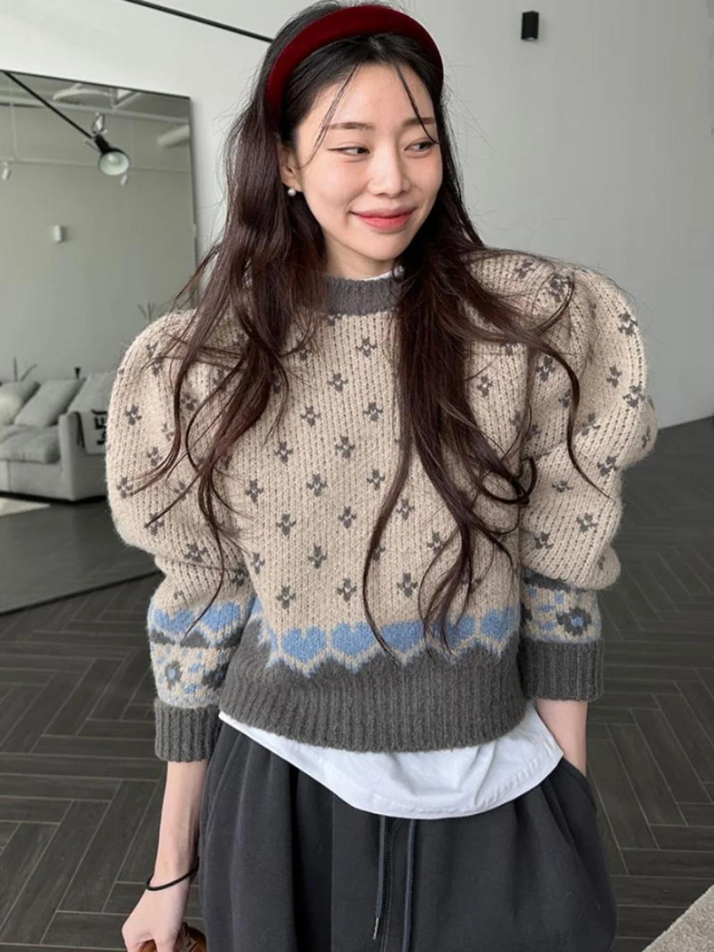 

Women's Knitted Bubble Sve Sweater Thiened Warm round Ne Heart Pattern Winter Faion Outerwear ort Length Plant Floral