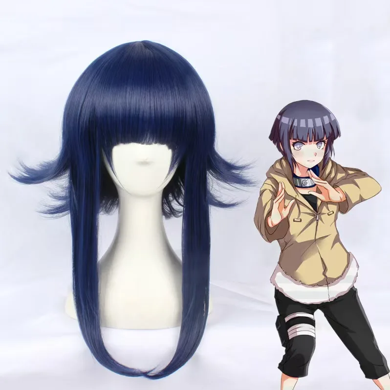 Hyuga Hinata Academy Student Cosplay Wig Navy Blue Short With Bangs Side Tails Cosplay Wig For Halloween Party Anime Cosplay