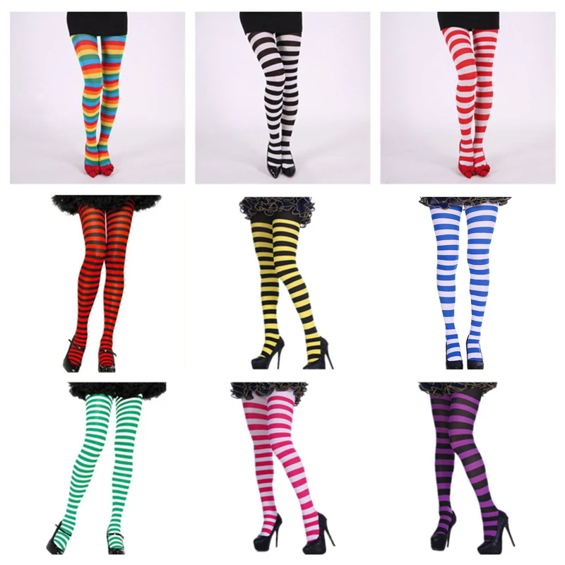 Women Girls Rainbow Multicolor Striped Tights Opaque Stockings Slim Pantyhose for Christmas Halloween Cosplay Costume Full Lengt