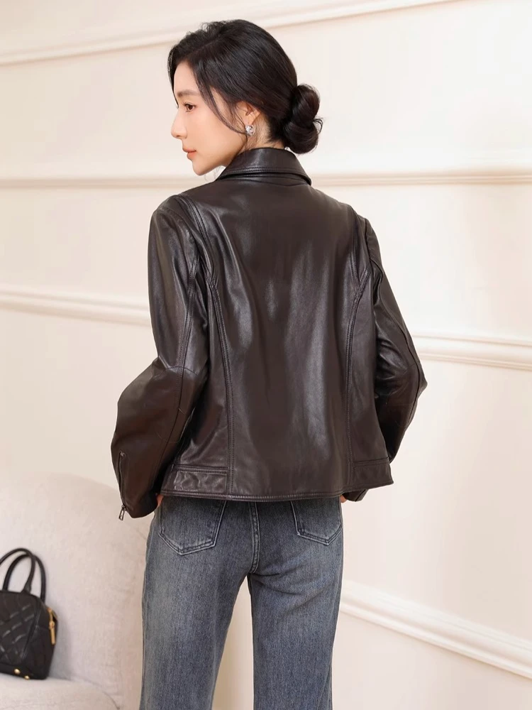 Slim Short Genuine Leather Motorcycle Jackets for Women Spring Autumn 2025 New High-end Simple Soft Black Real Sheepskin Coat