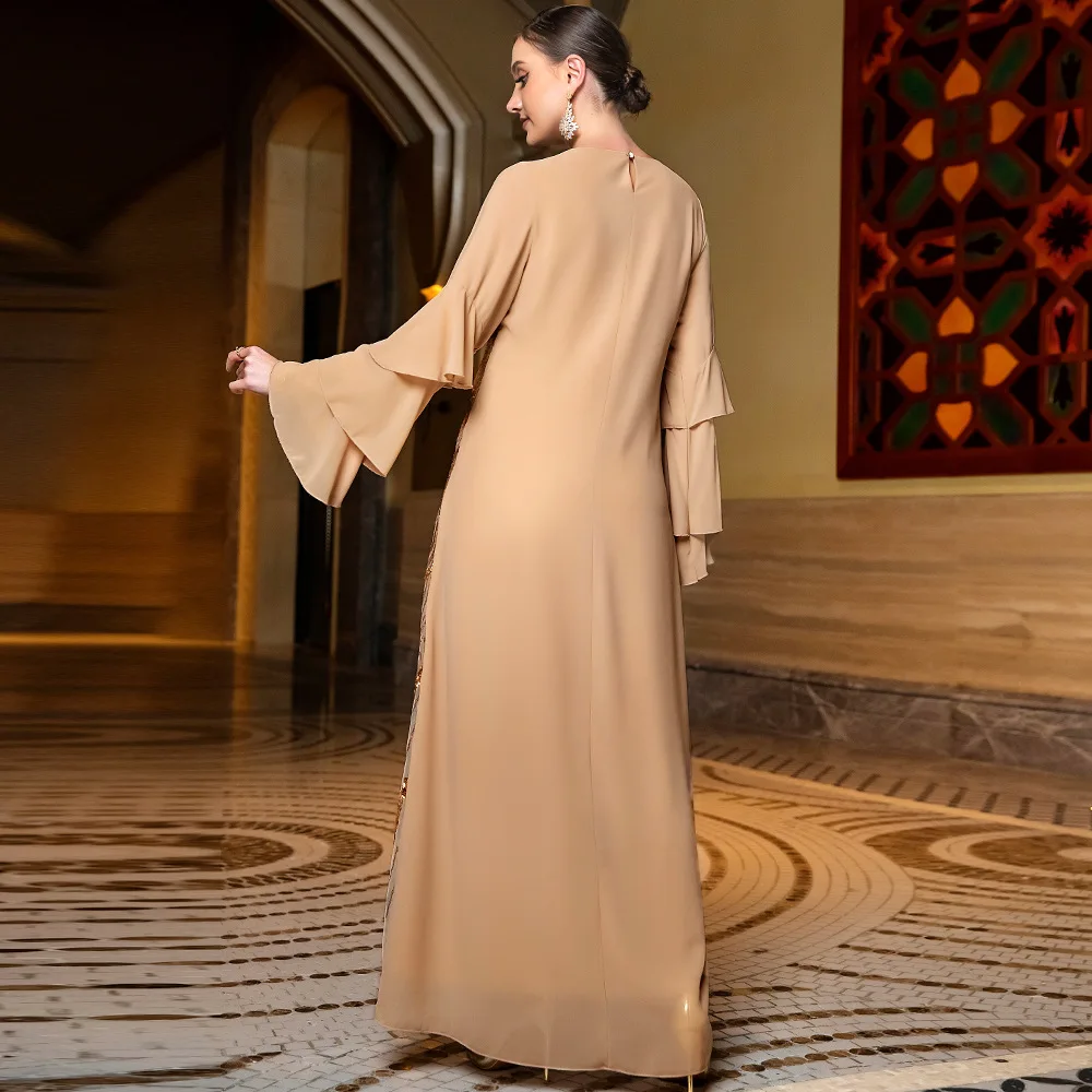 Lotus Leaf Sleeve Robe Caftan Sequined Y2K Gold Luxury Abaya Muslim Dress Women Multi-Layer Embroidered Dress Robe Abaya