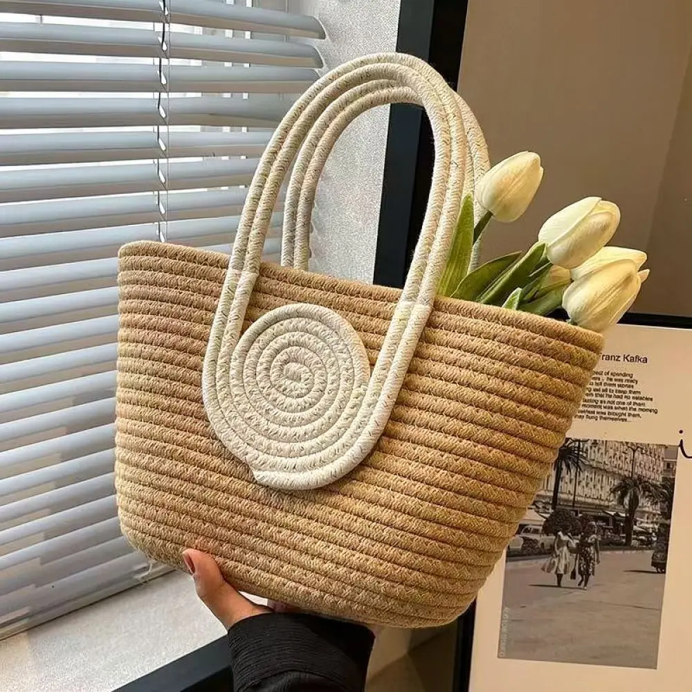 Fashion Woven Cotton Rope Bucket Tote Large Capacity Summer Beach Handbag Casual Vacation Women Shoulder Purse Bag