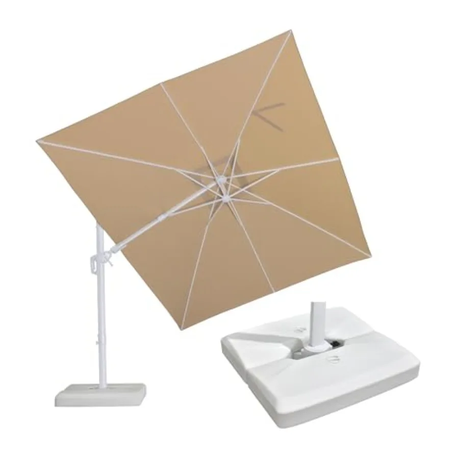 

10 FT Right-left Tilt White Cantilever Umbrella with Base Patio Outdoor Swivel Umbrellas with Aluminum Tilt Offset Umbrella 360°