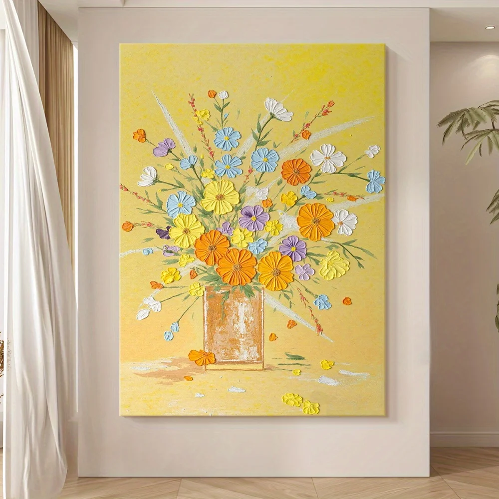 (No frame)2D Flat, Paintings, 1pc 100% Hand-painted Oil on Canvas, Small Daisy Texture Hand-painted Oil Painting in Cream Sty