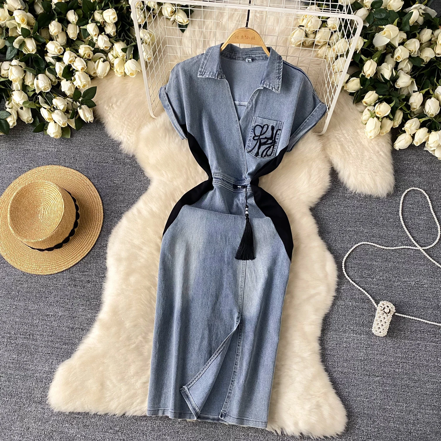 Summer Women Patchwork Denim Dress Vintage Style Short Sleeve Temperament V-Neck Slim Short A-line Jeans Dress Vestidos