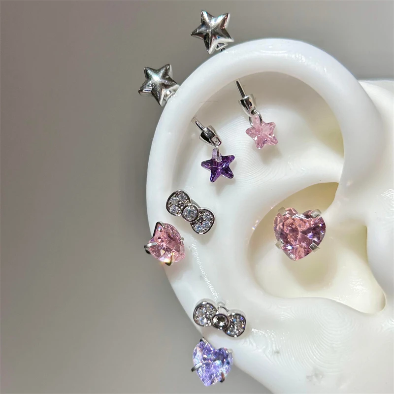1pcs Shiny Pink Star Love Heart Zircon 316L Stainless Steel Ear Bone Nail for Women NEW Cute Earring Cochlea Puncture Accessorie