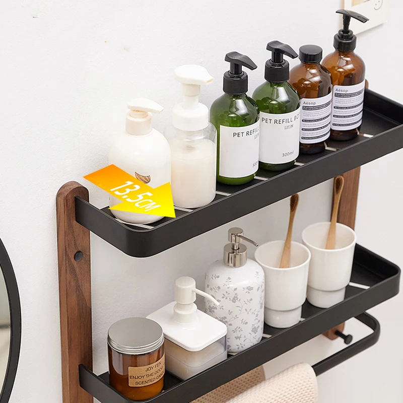 Square Shelves Bathroom Items Storage Rack Single/Double Wall Mounted Kitchen Storage Rack Wood/Aluminum Bathroom Accessories