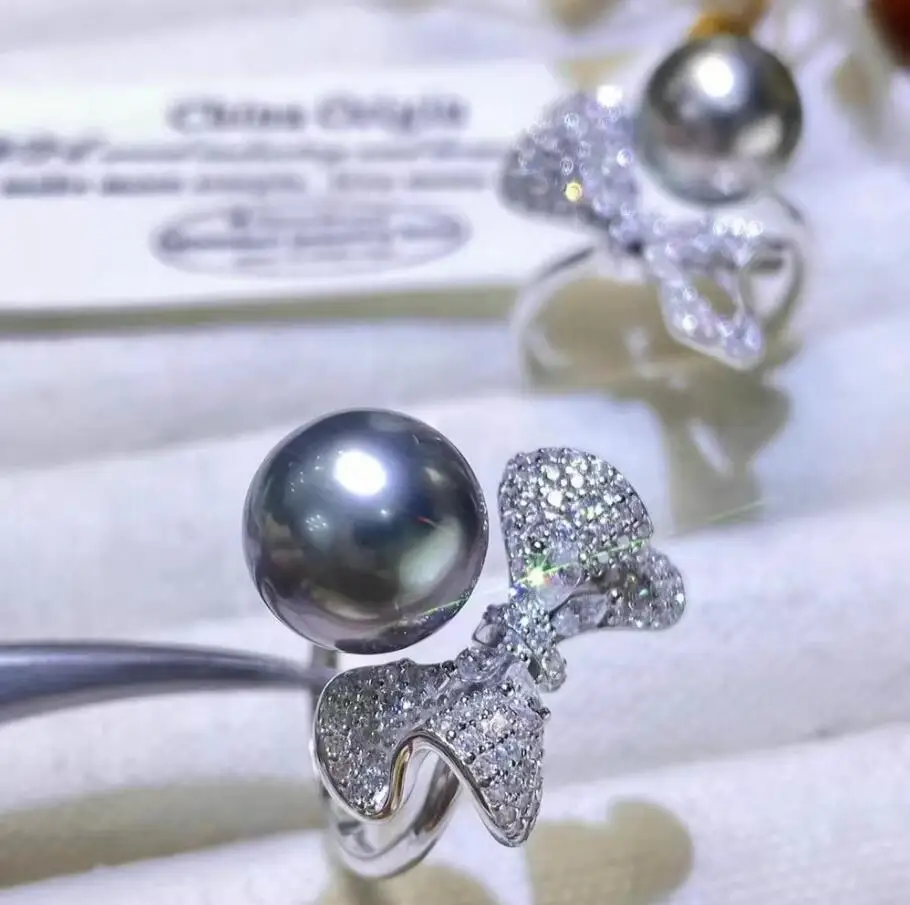 

stunning 10-11mm south sea round black pearl ring 925s