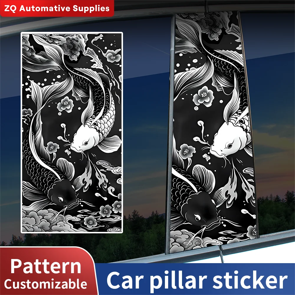 

Japanese Koi Fish Car B-Pillar Stickers Black White Ink Style Vinyl Decals Window Post Trim Universal Car Styling Accessories