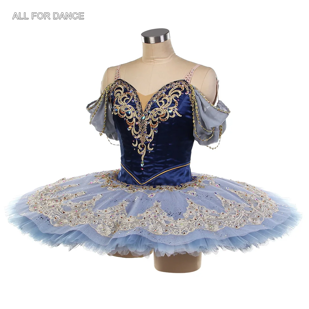 B26639 ネイビーブルー プロフェッショナル バレエ チュチュ ゴールドトリム付き YAGP または舞台パフォーマンス用のオーダーメイド バレエ チュチュ
