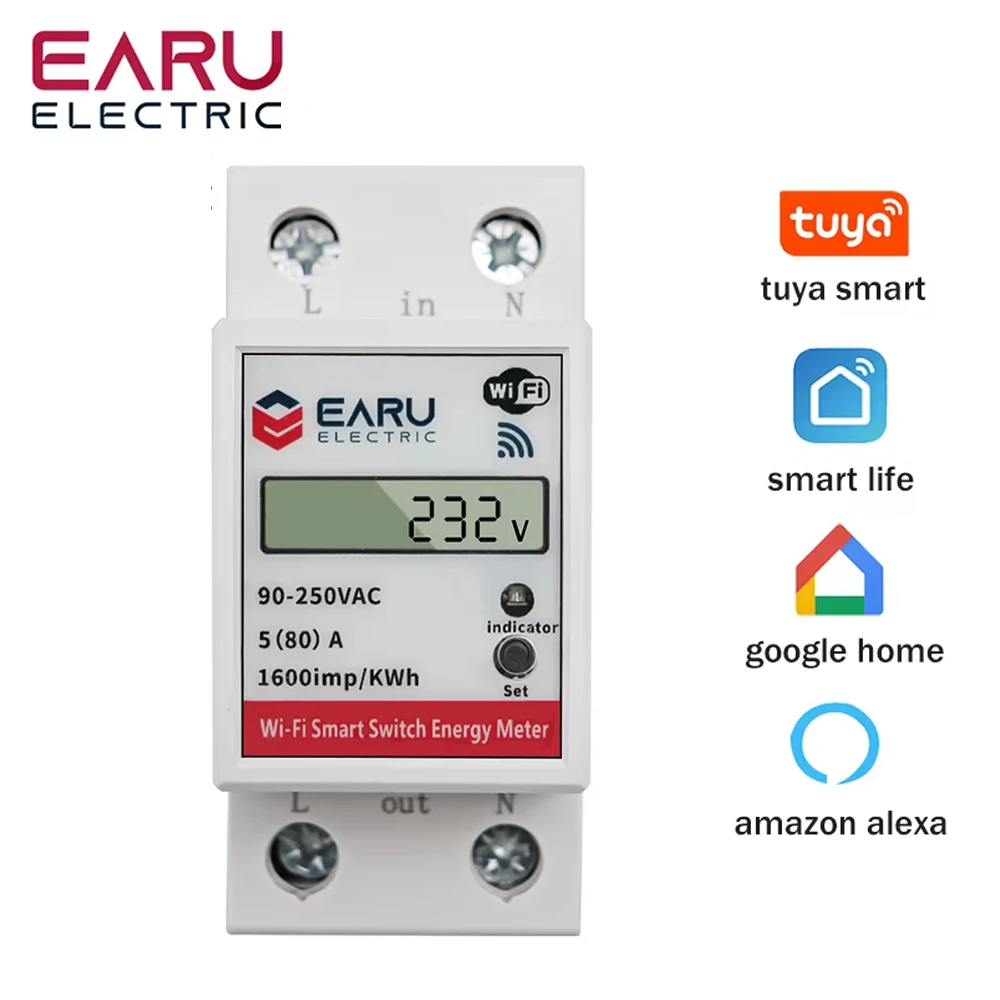 WiFi Smart Power Energy Meter Consumption kWh Voltmeter 90-250V Din Rail Remote Control Switch Smart Life Tuya Alexa Google Home