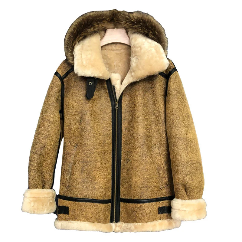 

Winter Genuine Leather Sheepskin Fur Jacket Mens Real Shearling Coat Hooded Men Clothing Large Size Overcoat