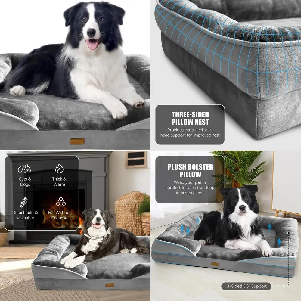 

Large Dog Orthopedic Sofa Bed with Sides, Supportive Foam, Washable Cover, Waterproof, Non-Slip, Grey - L-Plus