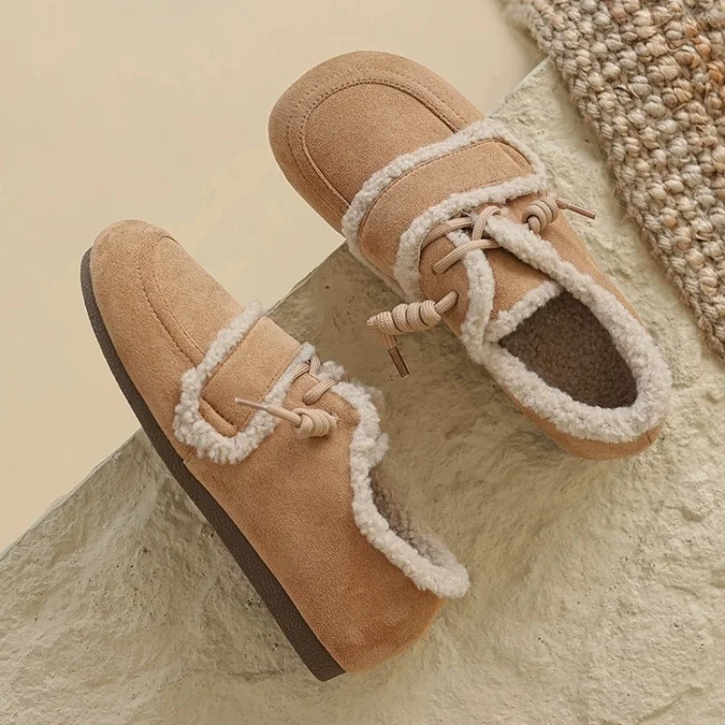 Autumn Winter Ladies Faux Fur Flats 2024 New Women Warm Lace Up Cotton Shoes Woman's Slip-on Furry Fur Casual Flat Shoes