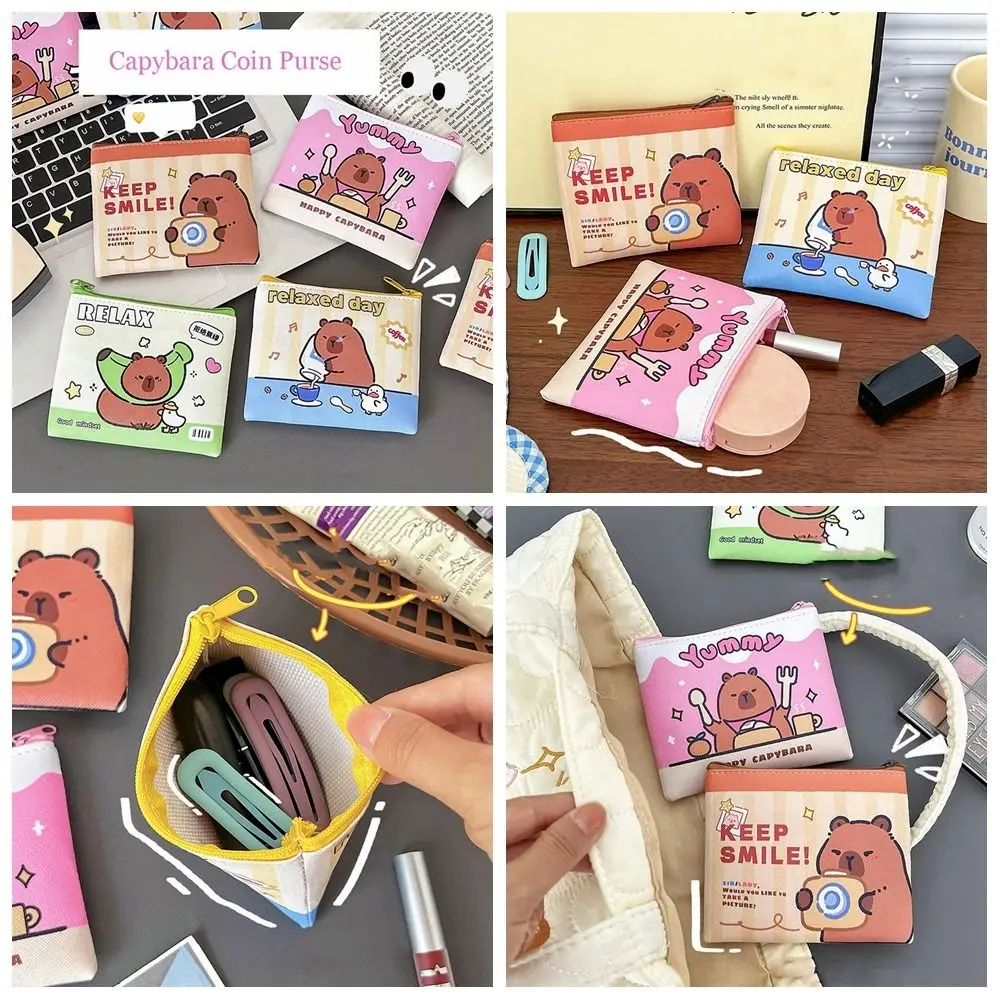 Bolso de cambio de cuero PU Capybara, monedero, tarjetero, billetera de dibujos animados, Linda cremallera, mujer